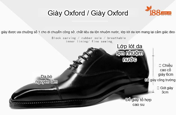 Giày Tây Buộc Dây Nam Da Bò Mũi Vuông Chiều Cao Đế Khoảng 3cm Màu Đen, Nâu chi tiết 3
