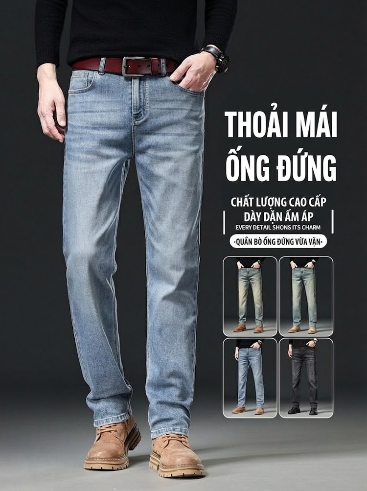 Quần Jean Nam Ống Đứng Dáng Rộng Co Giãn Thoải Mái Phong Cách Trung Niên Màu Xanh Dương, Xám