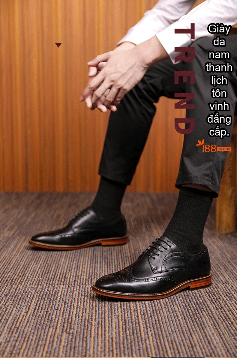 Giày Tây Brogue Buộc Dây Nam Da Bò Chiều Cao Đế Khoảng 3cm Màu Nâu chi tiết 11