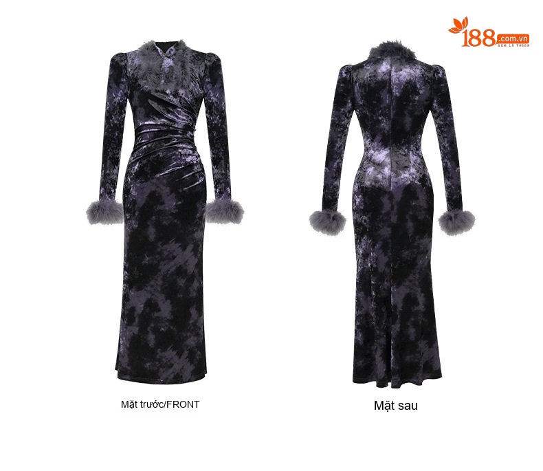 Váy Đầm Nữ Kiểu Sườn Xám Cổ Điển Thiết Kế Ôm Dáng Nhung Gân Phong Cách Trung Hoa Màu Đen chi tiết 5
