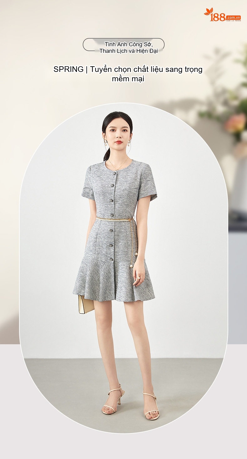 Váy Tiểu Thư Tay Ngắn dáng chữ A Chiết Eo Phong Cách Thanh Lịch Màu Xám chi tiết 1