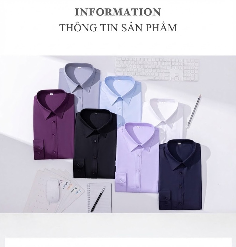 Áo Sơ Mi Dài Tay Cotton Nam Nữ Cổ Bẻ Công Sở Màu Trắng, Xám, Xanh Than, Tím Nhạt chi tiết 12