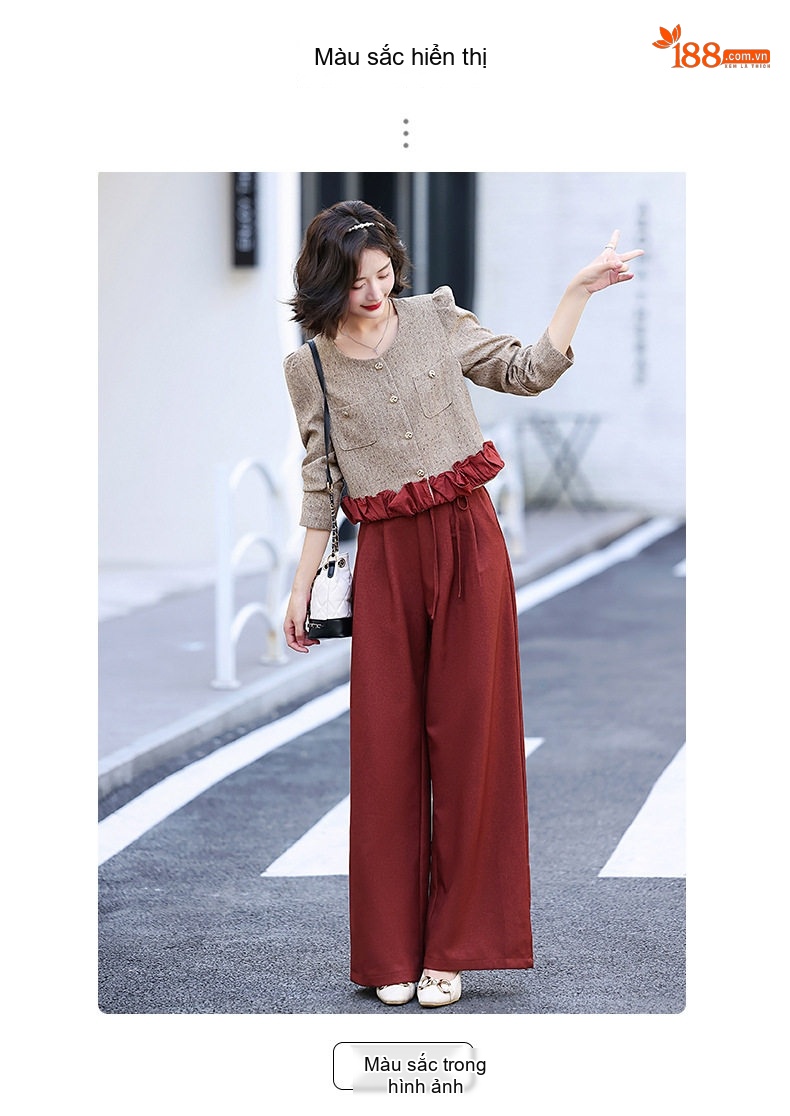 Set Bộ Tiểu Thư Áo Khoác Quần Ống Rộng Phong Cách Hàn Quốc Màu Nâu, Đỏ chi tiết 8