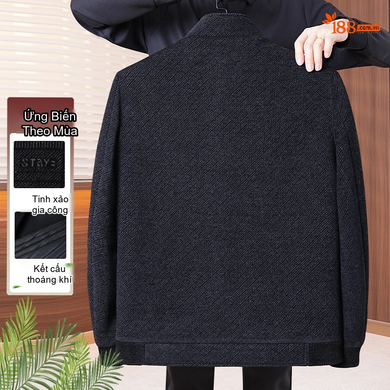 Áo Khoác Nam Trung Niên Chenille Lót Bông Dày Dặn Cổ Trụ Màu Đen, Xám