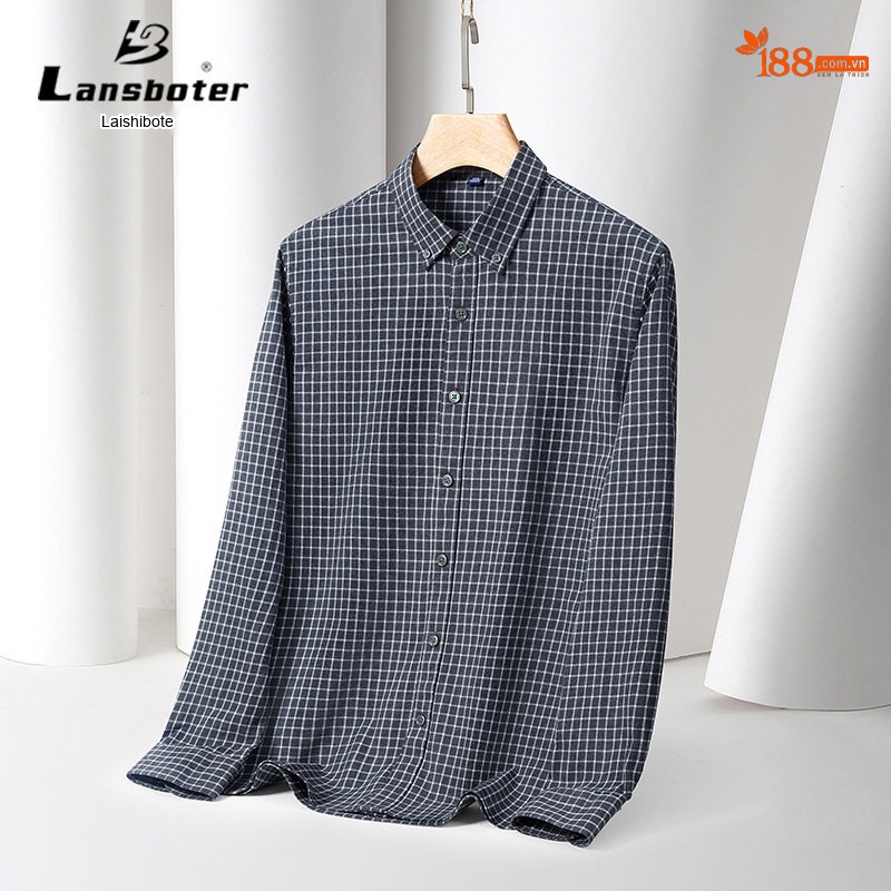 Áo Sơ Mi Nam Tay Dài Cotton Kẻ Sọc Mài Lông Dáng Ôm Vừa Vặn Màu Xanh Dương, Xám