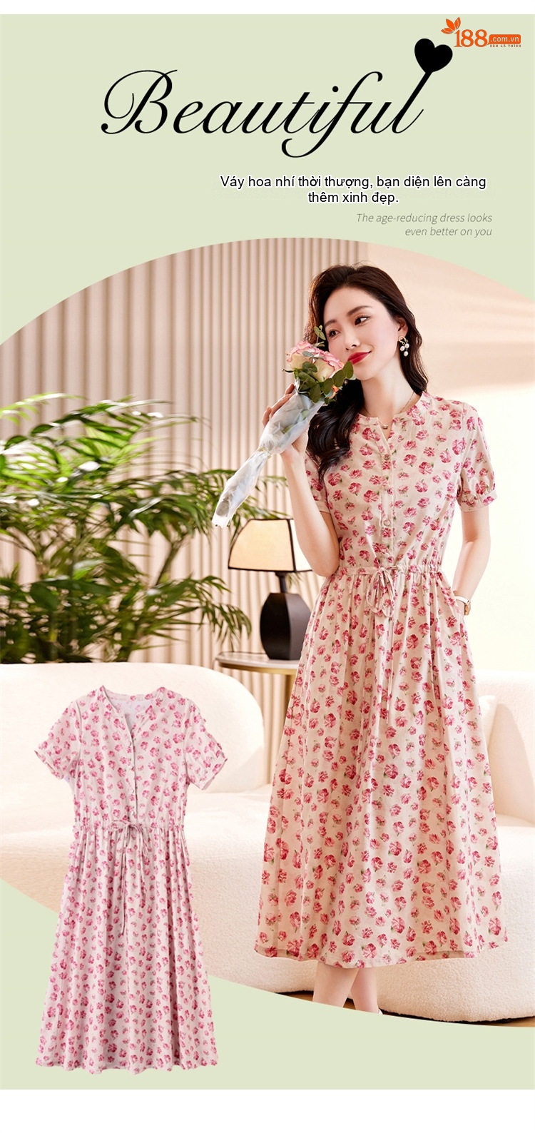 Váy Đầm Nữ Tiểu Thư Cổ chữ V Tay Ngắn Họa Tiết Hoa Nhỏ Thanh Lịch chi tiết 5