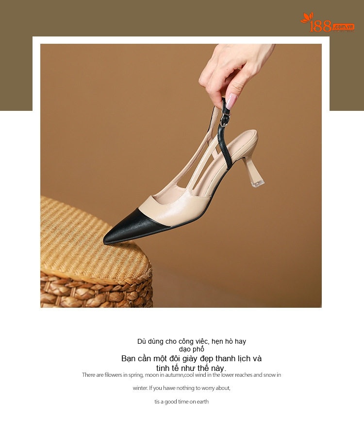 Giày Sandal Cao Gót Nữ Slingback Mũi Nhọn Gót Cao 5cm - 6cm Màu Be, Đen chi tiết 2