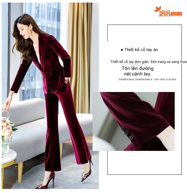 Bộ Vest Nữ Vải Nỉ Dáng Ôm Thời Trang Màu Đỏ Rượu Vang, Xanh Navy chi tiết 3