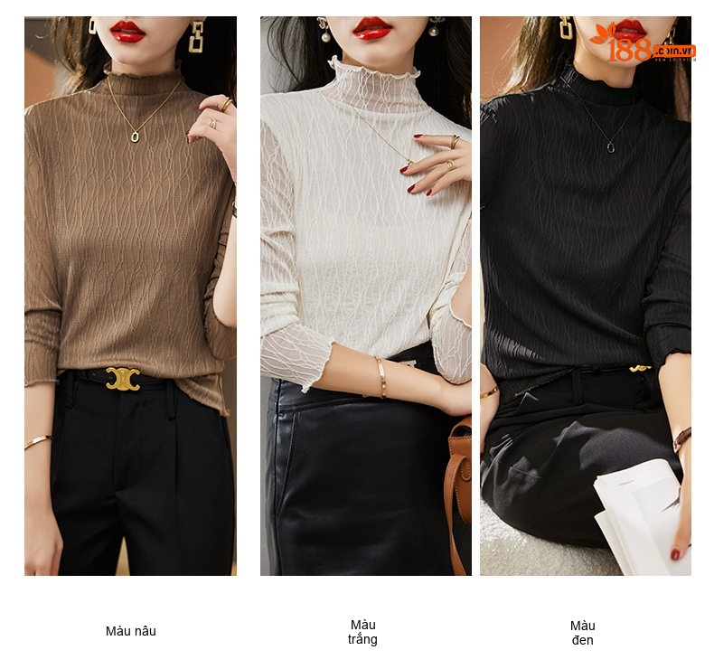 Áo Thun Lưới Dài Tay Nữ Cổ Bán Cao Ôm Dáng Phong Cách Thời Trang Màu Nâu chi tiết 8