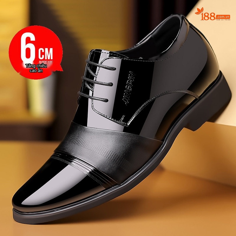 Giày Tây Buộc Dây Nam Da Bóng Chiều Cao Đế 6cm Màu Đen