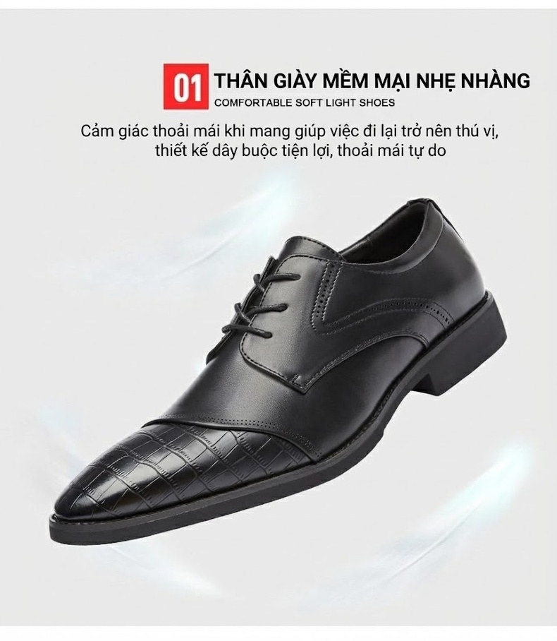 Giày Tây Buộc Dây Nam Da Bóng Mũi Nhọn Chiều Cao Đế Khoảng 3cm Màu Đen, Nâu chi tiết 6