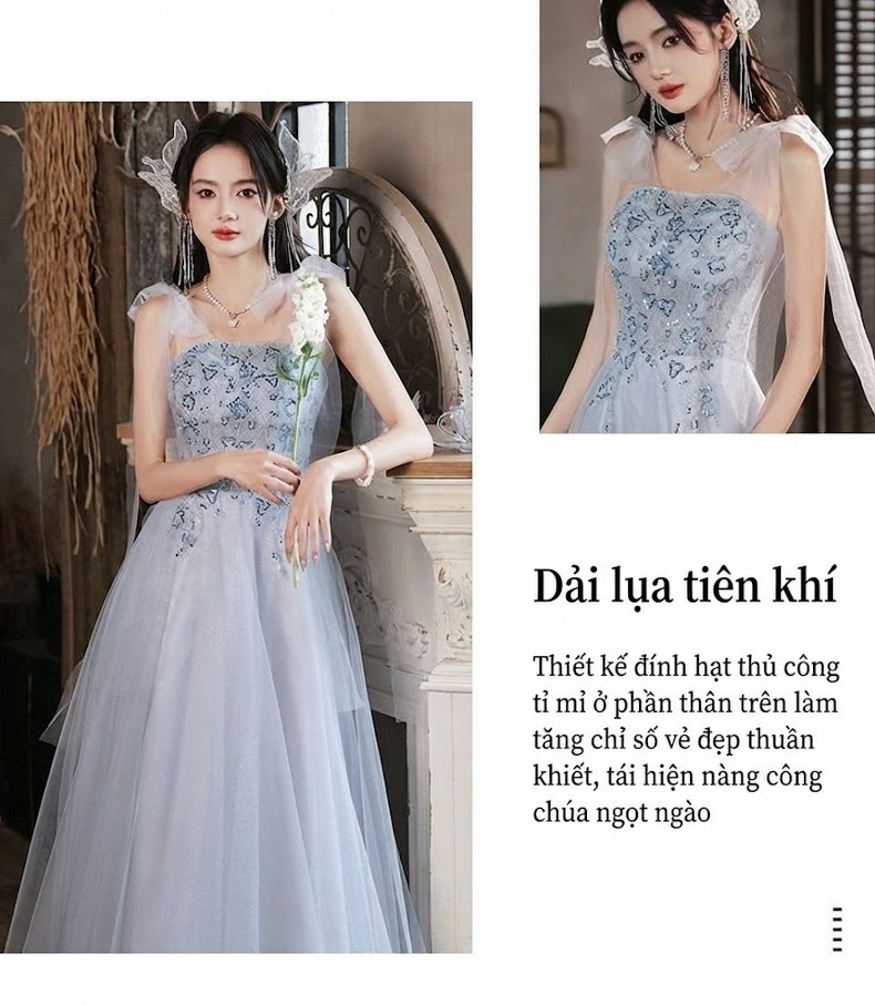 Váy Dạ Hội Nữ Dáng Công Chúa Thiết Kế Pháp Màu Xanh Dương chi tiết 2