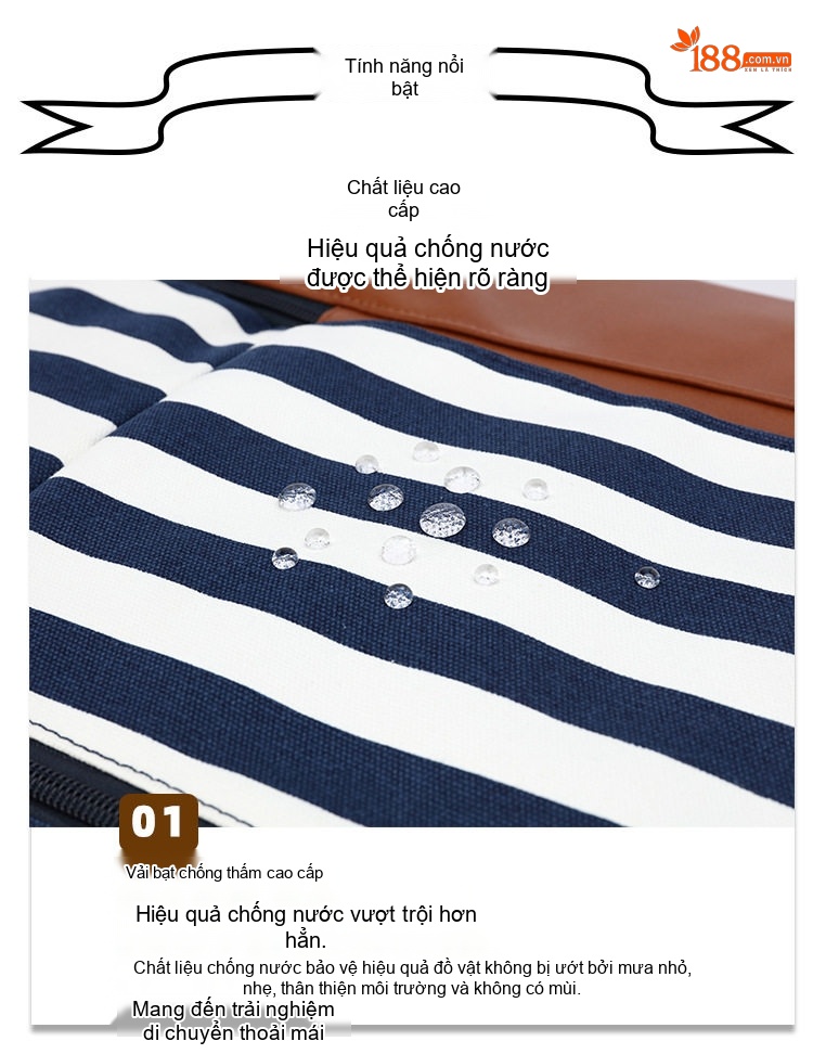 Túi Du Lịch Vải Canvas Chống Nước, Túi Xách Tay, Túi Tập Gym Màu Sọc Xanh Navy, Trắng chi tiết 7