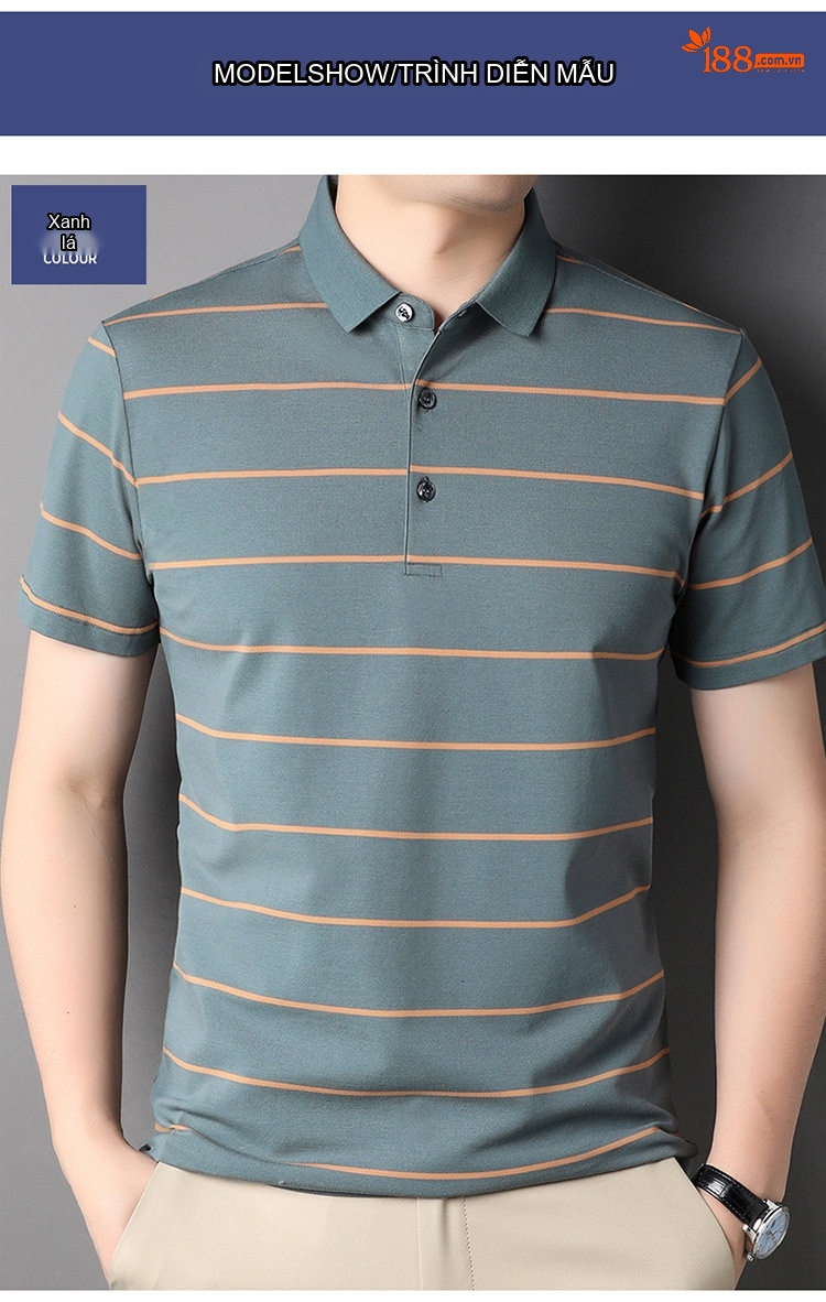 Áo Thun Polo Nam Cotton Kẻ Sọc Cổ Bẻ Chống Nhăn Màu Xám, Xanh, Navy chi tiết 7