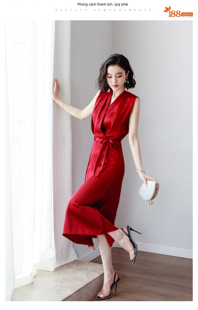Váy liền thân Nữ Không Tay Cổ chữ V Phong Cách Pháp A Kèm Đai Chất Vải Axetat Cao Cấp Màu Đỏ, Đen chi tiết 9