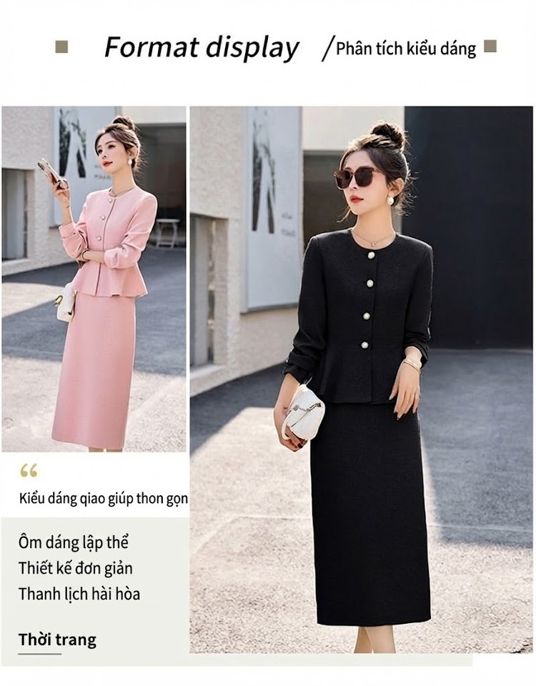 Set Áo Blazer và Chân Váy Công Sở Thanh Lịch Màu Trắng, Xanh, Hồng, Đen chi tiết 8