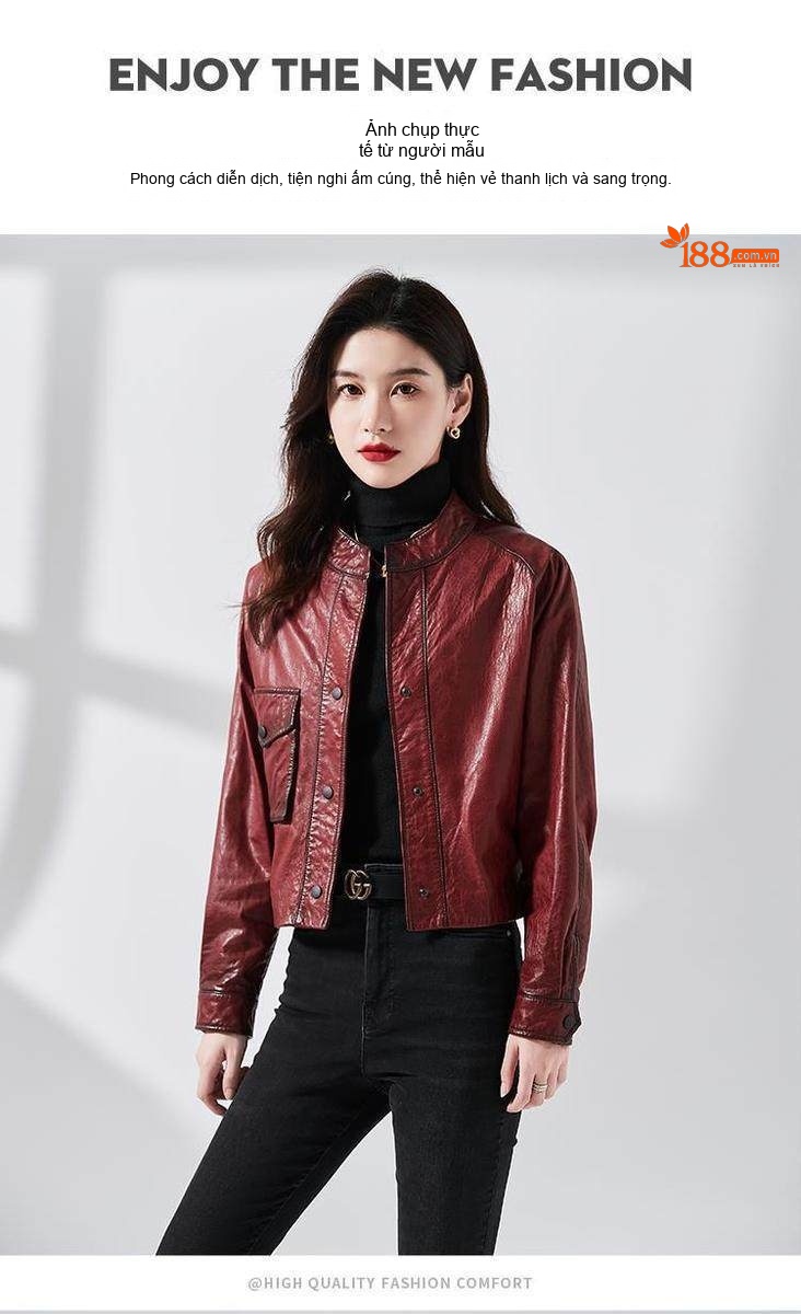 Áo Khoác Bomber Nữ Da Bò Dáng Ngắn Phong Cách Retro Màu Đỏ chi tiết 6