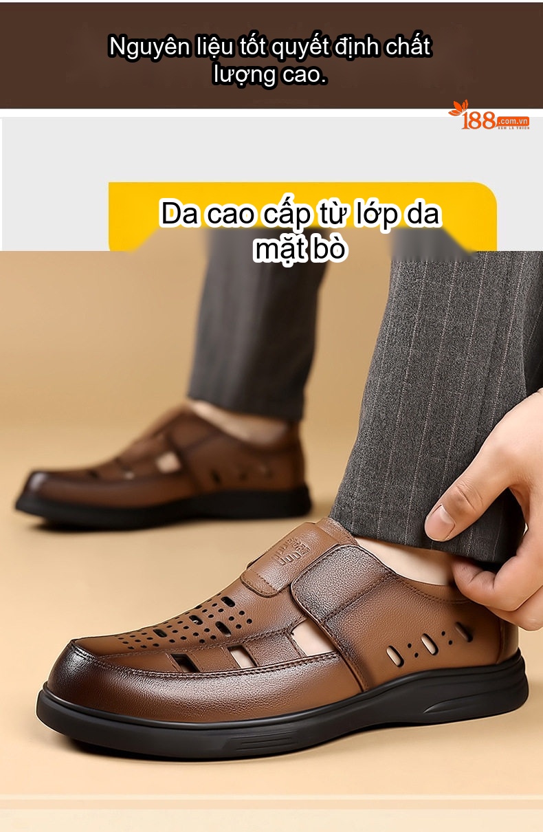 Sandal Nam Da Bò Đục Lỗ Thoáng Khí Chiều Cao Đế Khoảng 3cm Màu Nâu, Đen chi tiết 4