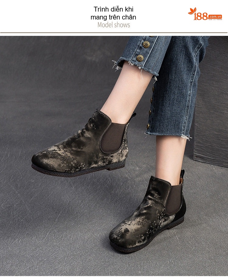 Boot Nữ Cổ Ngắn Vải Lụa Họa Tiết Vintage Chiều Cao Đế Khoảng 1cm Màu Nâu, Đen chi tiết 8
