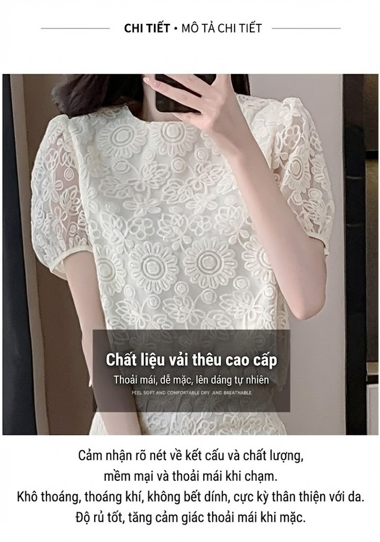 Set Áo và Chân Váy Ren Tiểu Thư Tay Ngắn Phong Cách Hàn Quốc Màu Trắng chi tiết 3