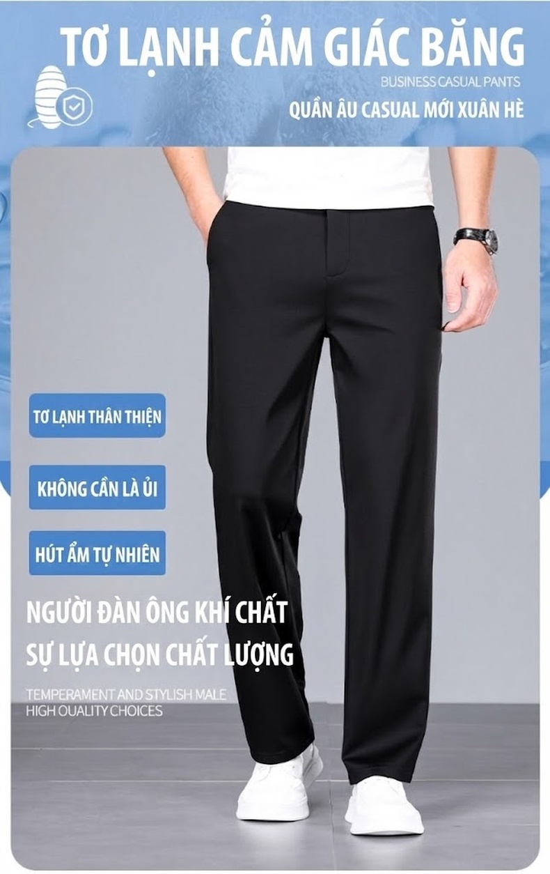 Quần Âu Nam Lụa Tơ Tằm Mỏng Mát Co Giãn Thoáng Khí Dáng Suông Màu Đen, Xám chi tiết 1