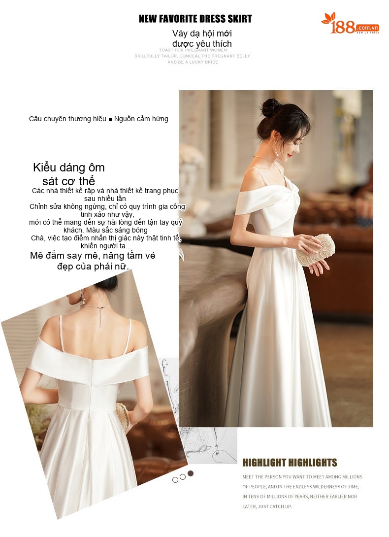 Váy Dạ Hội Nữ dáng chữ A, Hở Vai, Dây Treo, Kiểu Pháp Màu Trắng chi tiết 3