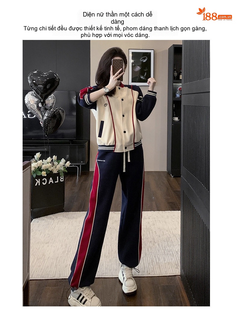 Bộ Quần Áo Thể Thao Nữ Áo Khoác Bomber Quần Ống Rộng Phong Cách Thu Đông Màu Kem, Xanh Navy, Đỏ chi tiết 4