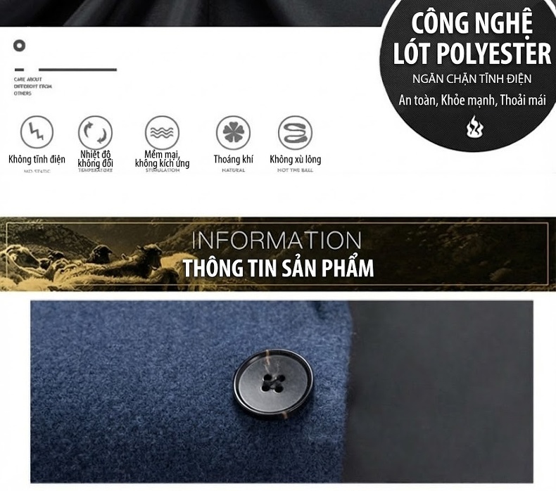 Áo Khoác Dạ Nam Trung Dài Tay Dài Cúc Bấm Cao Cấp Màu Xanh, Nâu, Đen chi tiết 9