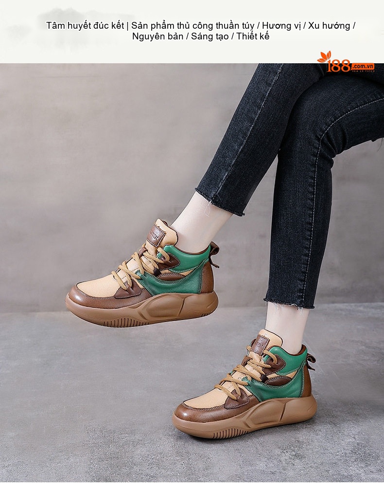 Giày Boot Nữ Da Bò Cổ Cao Thắt Dây Chiều Cao Đế Khoảng 5cm Màu Nâu, Vàng Be, Xanh Lá chi tiết 1