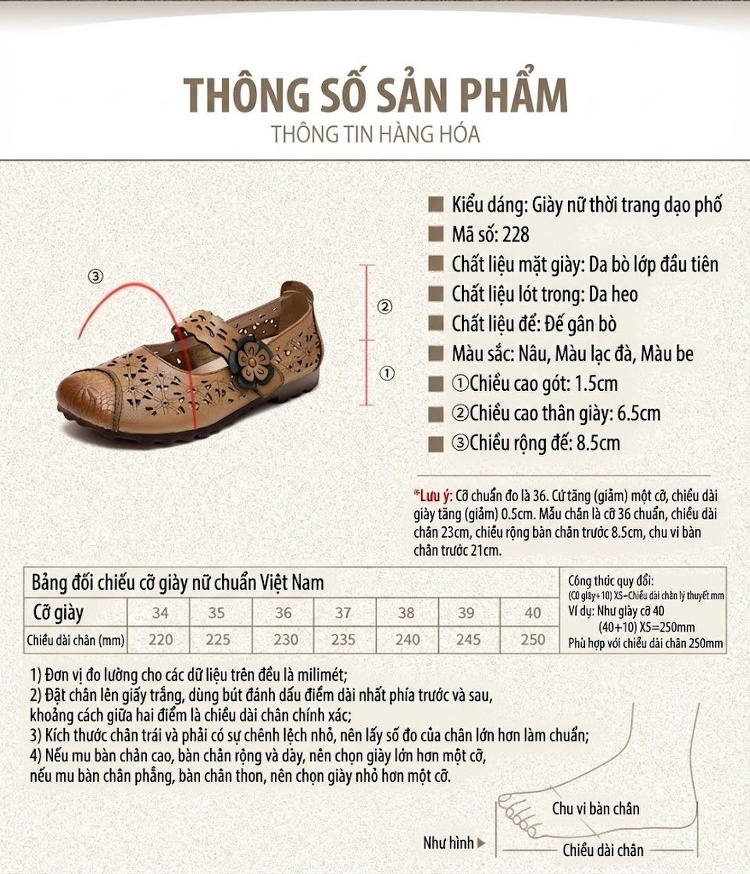 Dép Sandal Nữ Da Bò Lười Xỏ Ngón Lưới Thoáng Khí Đế Cao 3cm - 4cm Màu Nâu, Kem chi tiết 2