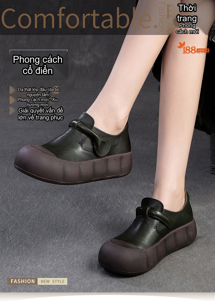 Giày Búp Bê Nữ Da Bò Đế Bệt Chiều Cao Đế Khoảng 3.5cm Màu Đen, Nâu, Xanh chi tiết 1