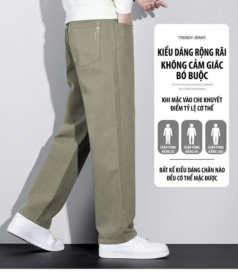 Quần Dài Nam Cotton Ống Rộng Thoải Mái Màu Xám, Nâu, Xanh Rêu chi tiết 3