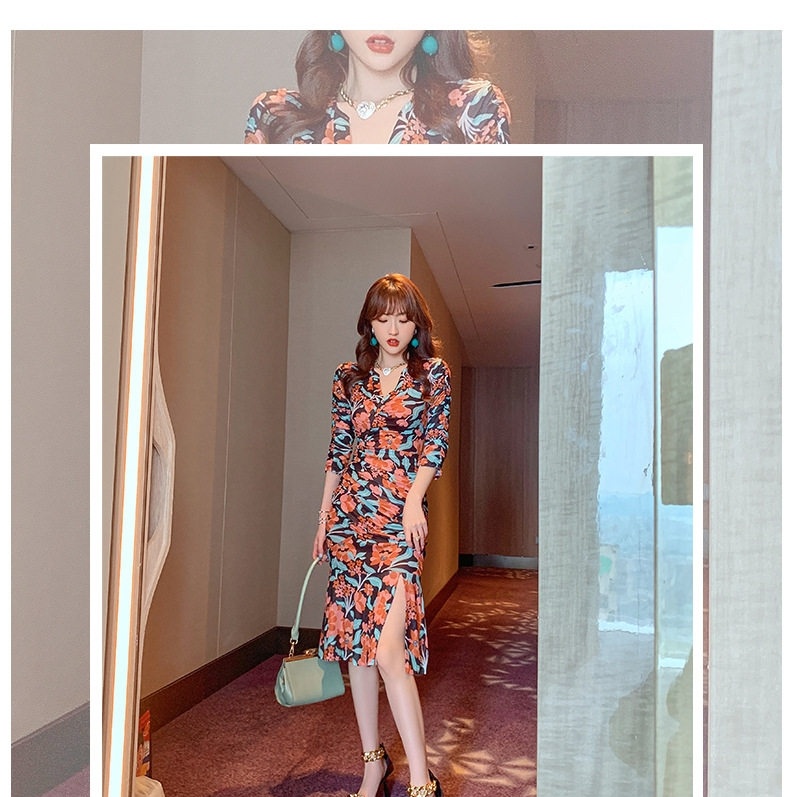 Váy Ôm Body Nữ In Hoa Xếp Ly Phong Cách Pháp Thanh Lịch chi tiết 1