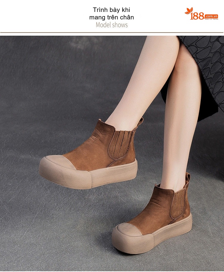 Giày Boot Martin Nữ Da Bò Mũi Tròn Chiều Cao Đế Khoảng 4cm Màu Nâu, Xám, Xanh chi tiết 6