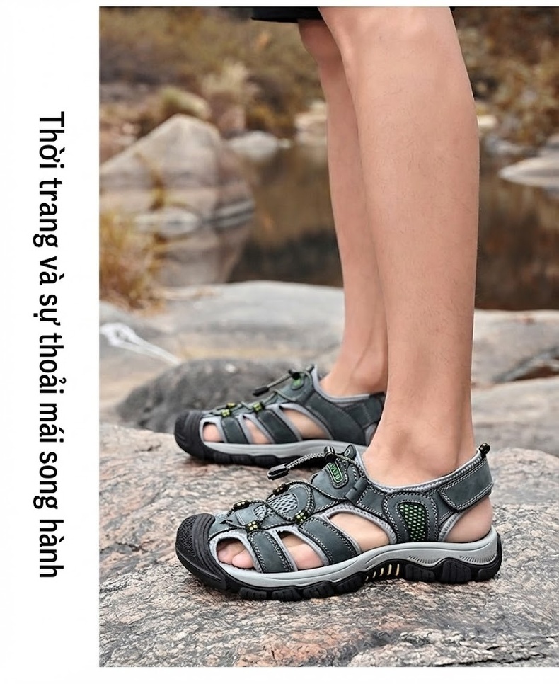 Sandal Nam Da Bò Mũi Bọc Dây Rút Thể Thao Thoáng Khí Đế Cao 3cm chi tiết 20