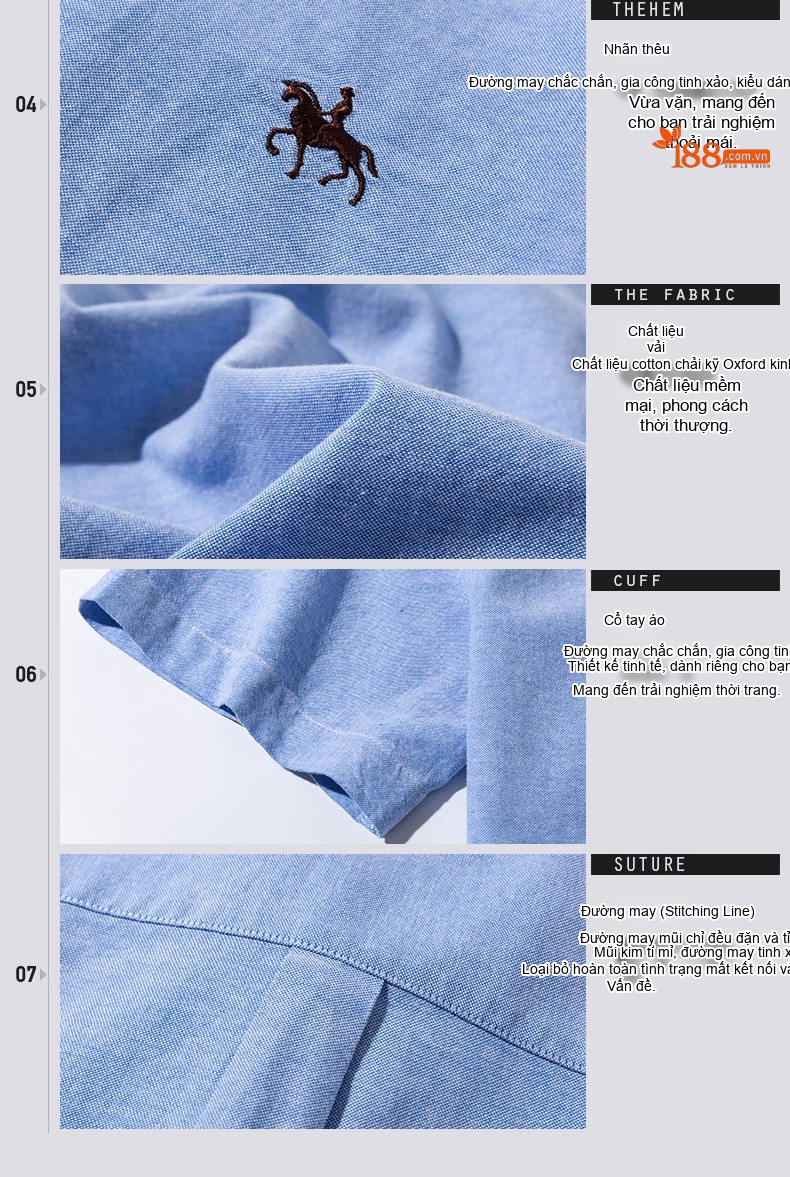 Áo Sơ Mi Ngắn Tay Nam Cotton Oxford Dáng Ôm Vừa Vặn Màu Trắng, Xám, Xanh Dương, Xanh Mint... chi tiết 16