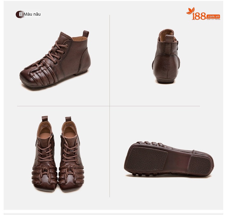 Giày Boot Nữ Da Bò Cổ Ngắn Buộc Dây Chiều Cao Đế Khoảng 2cm Màu Đen, Nâu chi tiết 18