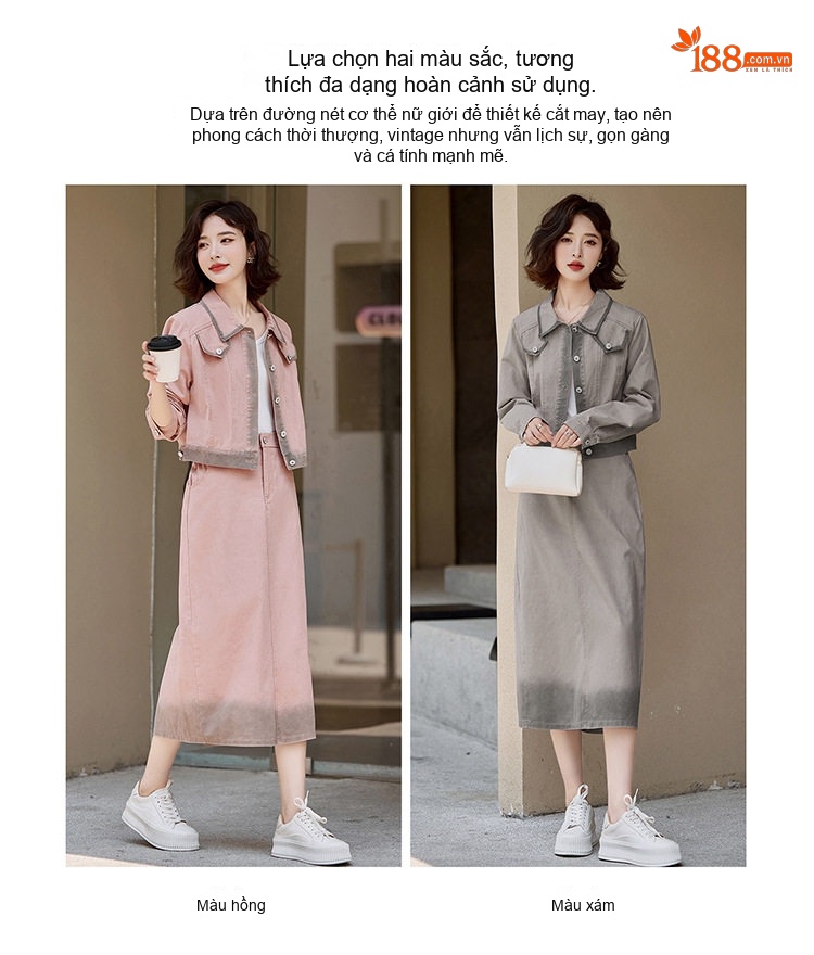 Set Áo Khoác Lửng Tay Ngắn và Chân Váy Bò Dáng Dài Thanh Lịch chi tiết 3