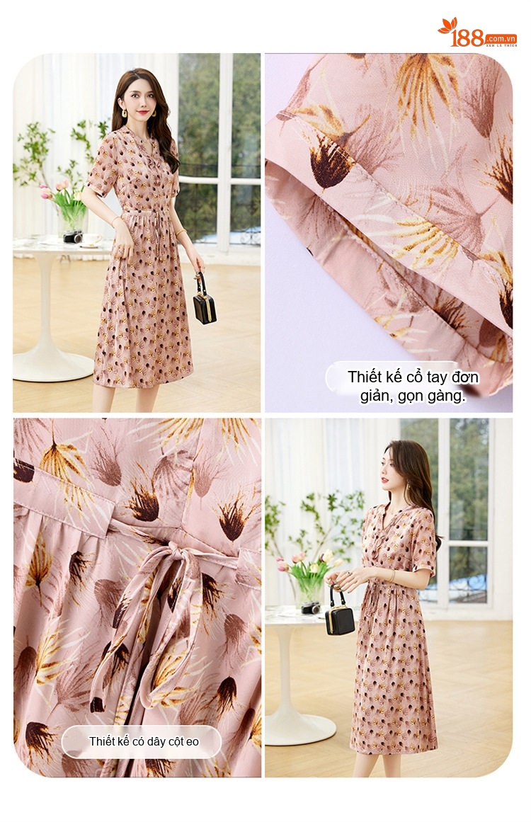 Váy Hoa Nhí Cổ chữ V Mùa Hè Thiết Kế Bèo Nhún Dây Rút Mềm Mại Thoải Mái Màu Hồng, Xanh chi tiết 6