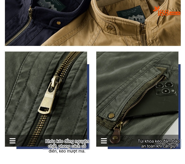 Áo Khoác Nam Công Sở Tay Dài Khóa Kéo Vải Cotton Màu Be, Xanh Navy, Xanh Rêu chi tiết 7
