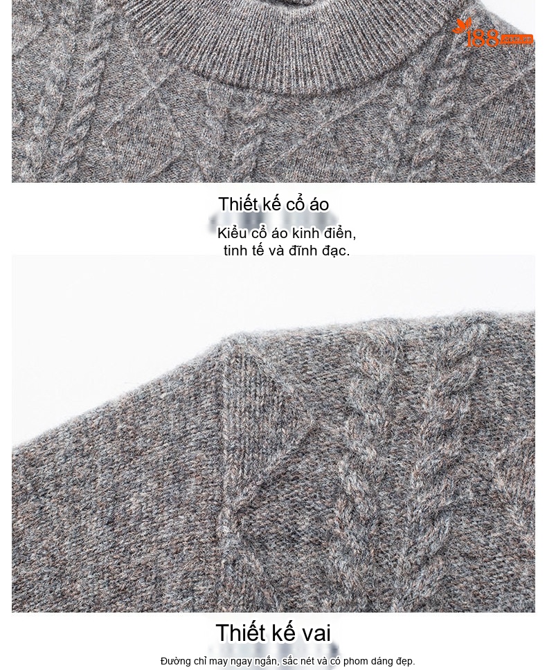 Áo Len Nam 100% Lông Cừu Cashmere Dệt Kim Cổ Bán Tròn Họa Tiết Màu Nâu, Xám, Xanh Đen... chi tiết 19