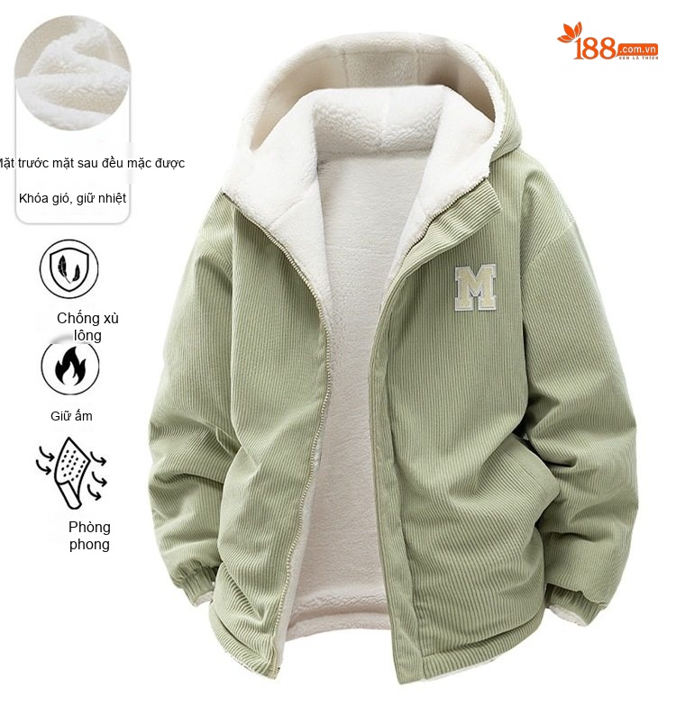 Áo Khoác Cotton Lót Lông Cừu Non Có Mũ Trùm Đầu Dáng Rộng Nam Nữ Màu Đen, Xanh, Tím, Kem... chi tiết 1
