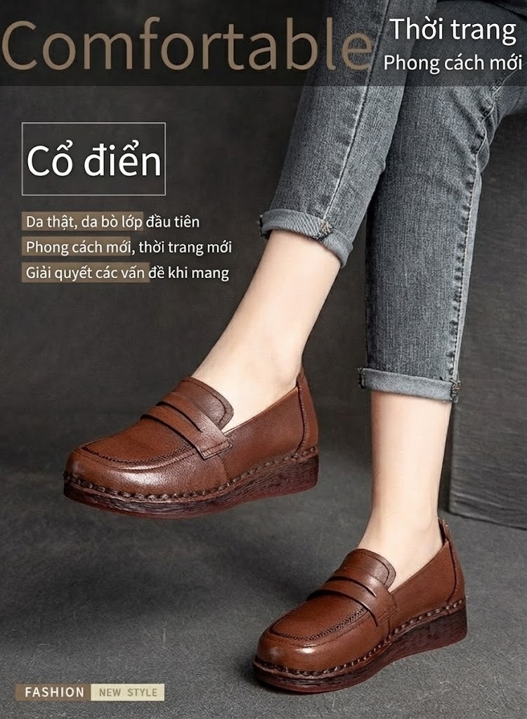Giày Lười Nữ Da Bò Đầu Tròn Đế Xuồng Chiều Cao Đế Khoảng 3cm Màu Nâu, Đen chi tiết 1