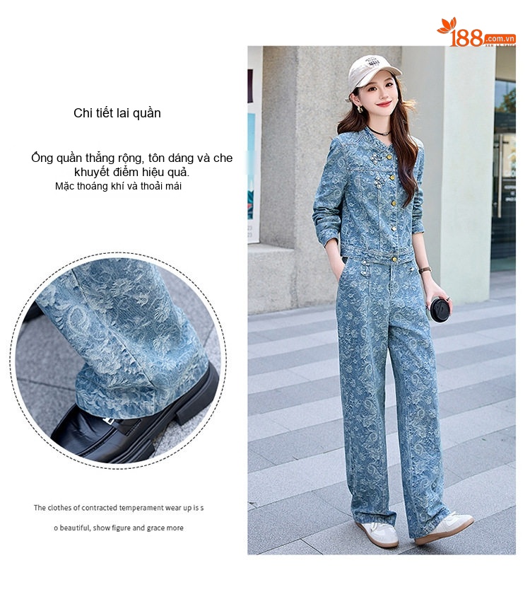 Set Bộ Quần Áo Nữ In Họa Tiết Quần Ống Rộng Phong Cách Thời Trang Màu Xanh Denim chi tiết 6
