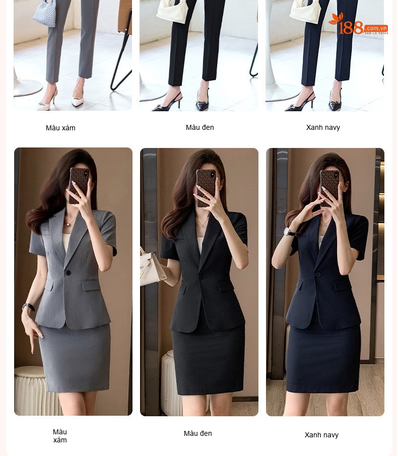 Bộ Vest Công Sở Nữ Tay Ngắn Quần/Chân Váy Màu Xám, Đen chi tiết 5