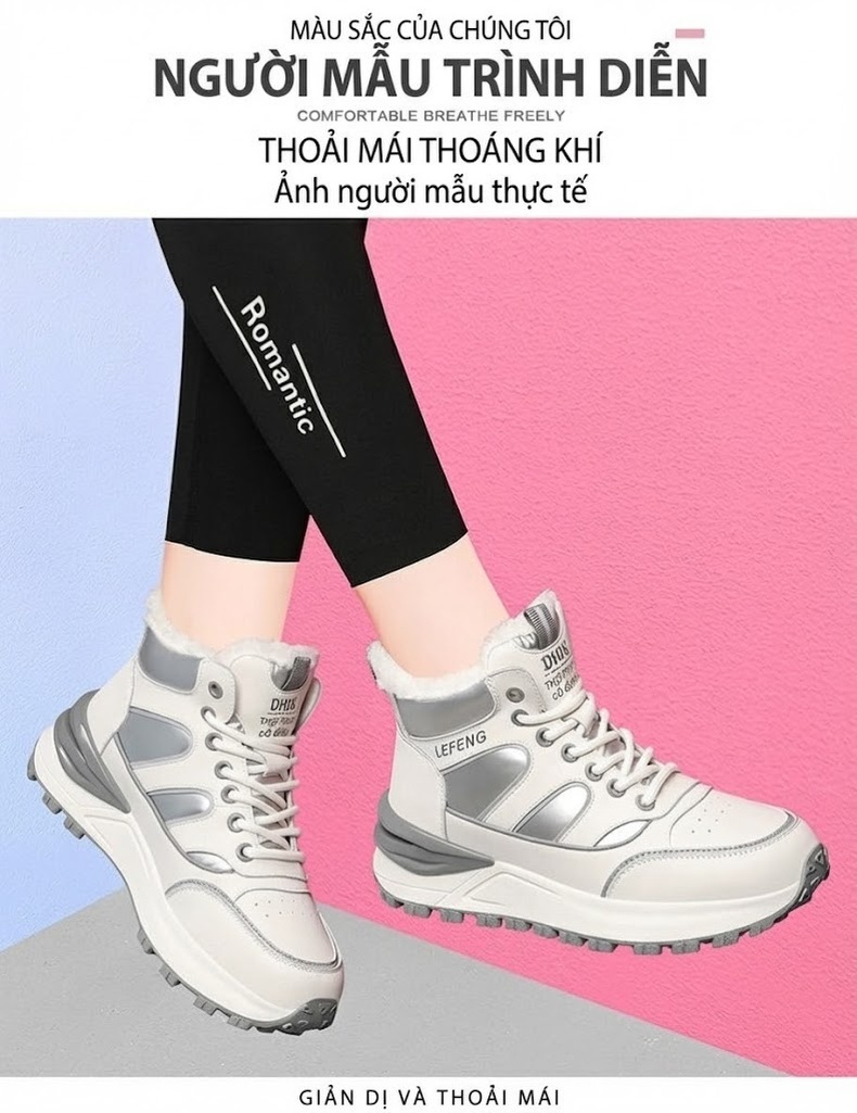 Giày Sneaker Nữ Đế Bằng Lót Lông Chiều Cao Đế Khoảng 4cm Màu Trắng, Đen, Xám chi tiết 8