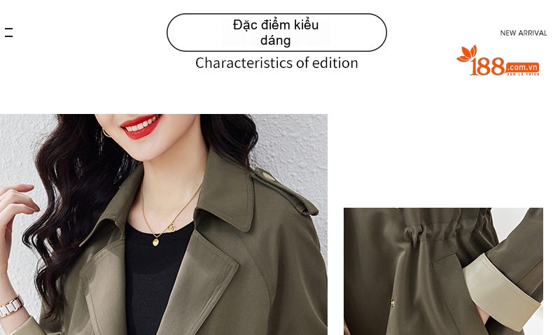 Áo Khoác Gió Nữ Dáng Ngắn Chiết Eo Dây Rút Phong Cách Hàn Quốc Màu Xanh Olive chi tiết 3