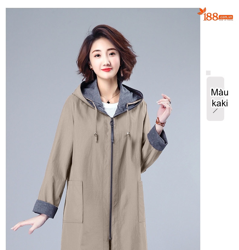 Áo Khoác Gió Nữ Dáng Dài Vừa Thu Đông Có Mũ Trẻ Trung Màu Be, Xanh Navy, Tím, Đỏ Tía chi tiết 6