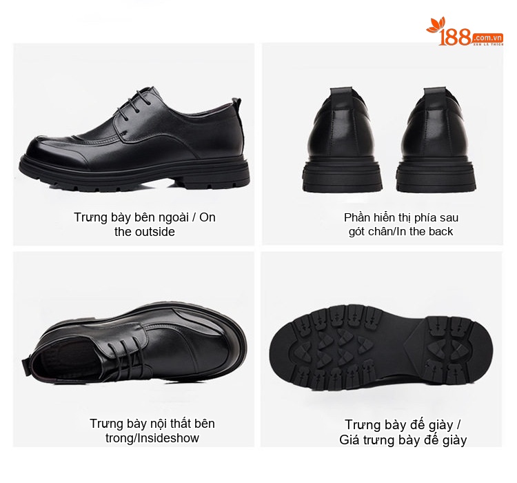 Giày Tây Buộc Dây Nam Da Bò Chiều Cao Đế Khoảng 3cm Màu Đen chi tiết 30