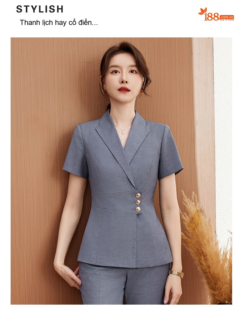 Bộ Vest Công Sở Nữ Tay Ngắn Áo Khoác Chân Váy Màu Đen, Xám, Xanh Navy chi tiết 6